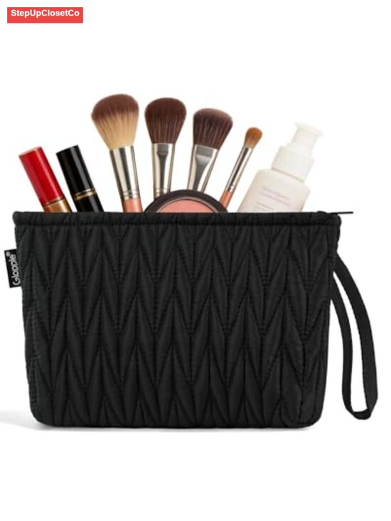 Handbags - Puffy Waterproof Nylon Makeup Bag with Wristlet Handle, Cosmetic Pouch